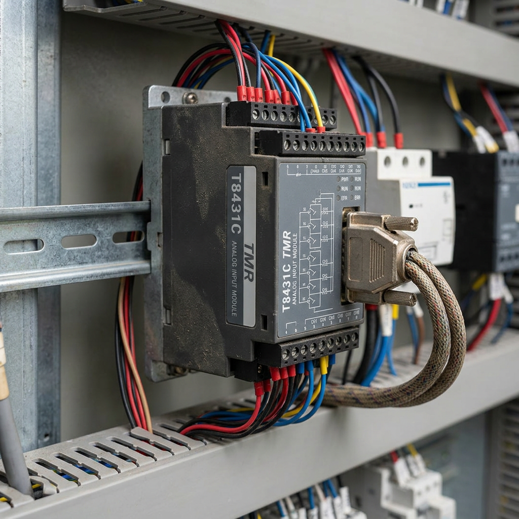 T8431C TMR analog input module with multiple colored wires and a metal connector inside a control panel