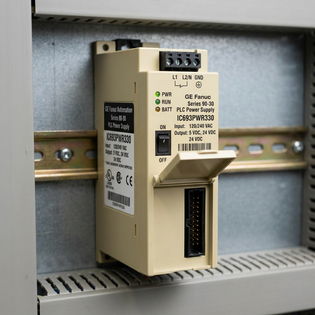 GE Fanuc Series 90-30 PLC power supply IC693PWR330 mounted on metal DIN rail